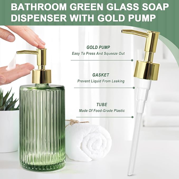 Green Bathroom Accessories 5 Pcs, Glass Bathroom Accessory Set, Vintage Green Bathroom Set, Sage Green Soap Dispenser and Toothbrush Holder Set, Qtip Holder, Small Flower Vase, Modern Bathroom Decor