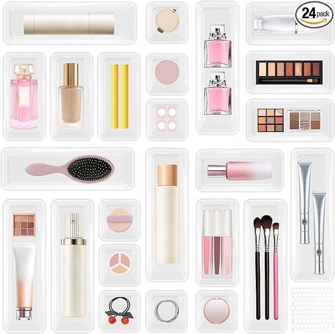 24 PCS Plastic Drawer Organizer Set, Sturdy 3-Size Makeup Vanity Desk Drawer Organizer Trays and Storage Bins for Cosmetics, Junk and Gadgets ?€? Ideal for Bathroom, Bedroom, Office and Kitchen