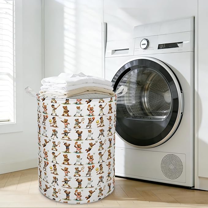 Sports Bear Nursery Laundry Basket Hamper, Sports Decor for Boys Bedroom, Cute Bear Player Foldable Clothes Toys Books Storage Box Bins Baskets Organizer for Kids Boys Room Playroom