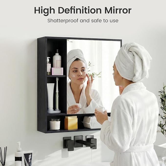 Giantex Bathroom Medicine Cabinet with Mirror, Wall Mounted Medicine Cabinet w/Single Door, 3 Open Shelves & Adjustable Shelf, Space-Saving Hanging Storage Cabinet for Living Room, Hallway (Black)