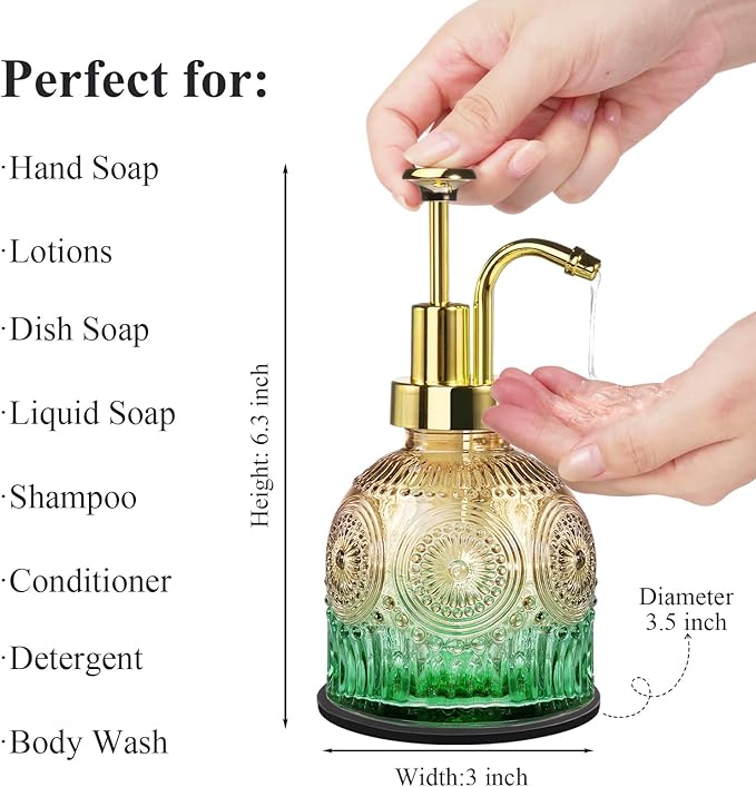 Amolliar 8 Oz Vintage Glass Bathroom Soap Dispensers with Pump, 2 Pack Refillable Kitchen Dish Soap Dispenser with Stripe, Antique Rustic Hand Soap Liquid Bottle (Green Gradient-Golden Pump)