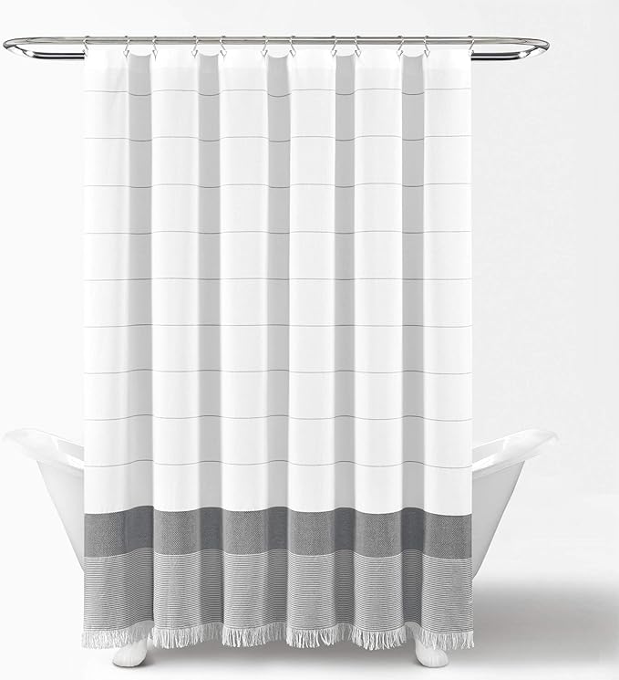 Lush Decor White Woven Cotton Shower Curtain with Gray Stripe and Tassel Fringe, Bathroom Accessories (72" x 72")