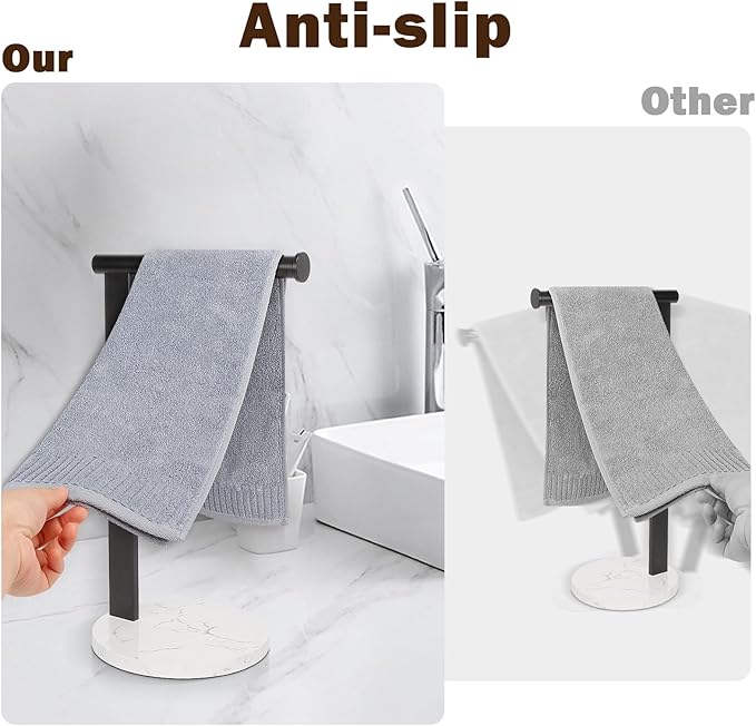 Hand Towel Holder Stand for Bathroom, L- Shaped Standing Hand Towel Rack, Towel Bar Kitchen Vanity Countertop Organizer, SUS304 Stainless Steel Material, Marble Base (Matte Black)