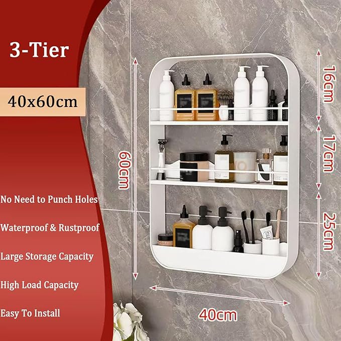 Wall Mount Organizer Floating Bathroom Shelves No Drill Adhesive Makeup Storage Rack Hang Decorative Over The Toilet Shelf(White,40x60cm)