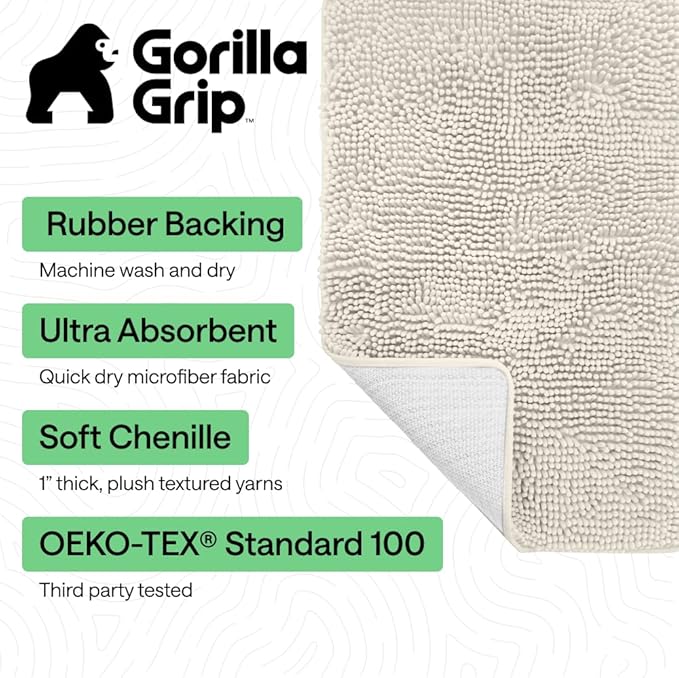 GORILLA GRIP Bath Rug Mat, Thick Soft Absorbent Chenille, Quick Dry Microfiber Mats, Rubber Backing Washable Shower Floor Rugs, US Designed Bathroom Bathmat Home Decor Accessories, 24x17, Ivory