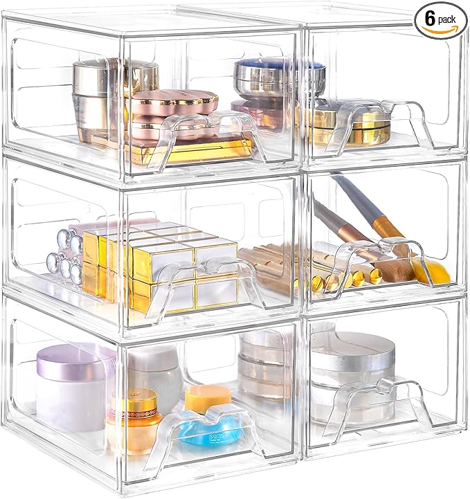 6 Pack Stackable Makeup Organizer, 4.4'' Tall Acrylic Bathroom Makeup Organizer and Storage Drawer with Pull-out Handle, Clear Plastic Storage Bins for Vanity,Pantry,Desk,Undersink,Kitchen