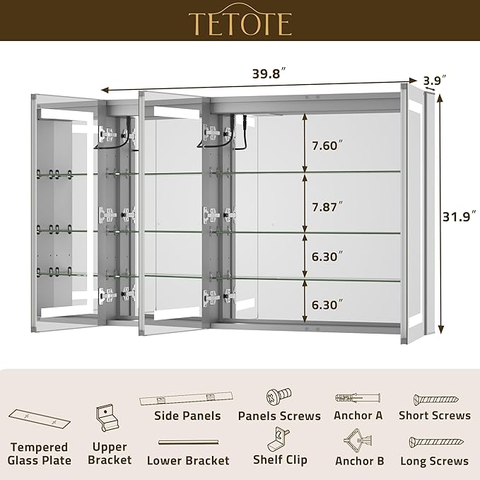 TETOTE 48 x 32 Lighted Medicine Cabinet with LED Lights, 3 Door Recessed or Wall Mount Bathroom Cabinet, Led Vanity Cabinet Mirror, Tempered Glass, Outlets & USB, Adjustable Shelf, 3-Color Lights