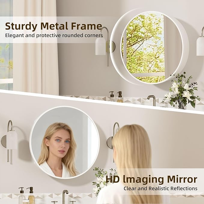 24 x 24 in Inch Round Medicine Cabinet Mirror White,Circular Bathroom Mirror with Storage Wall Mounted,Metal Framed Medicine Cabinets with Tempered Glass Adjustable Shelves for Bathroom Vanity