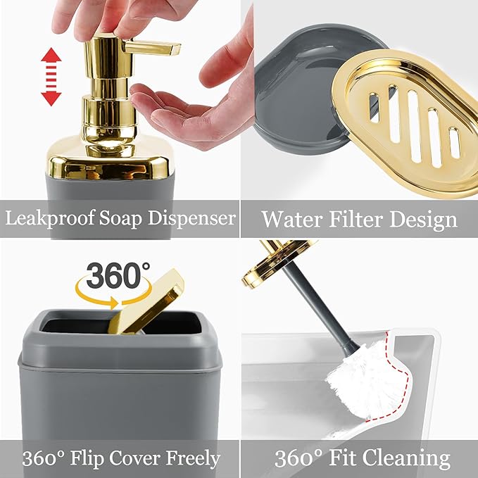 XLHOMO Grey Bathroom Accessories Set, Bathroom Sets with Shower Curtain, Grey Bathroom Accessories with Trash Can, Soap Dispenser, Soap Dish, Toilet Brush Holder, Qtip Holders for Bathroom