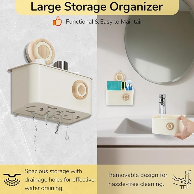 Suction Cup Shower Caddy, Plastic Shower Shelf with Drainage Bin, Vacuum-Lock Shower Organizer for Bathroom, Kitchen, RV, Hotel Storage (Original wood color-S)