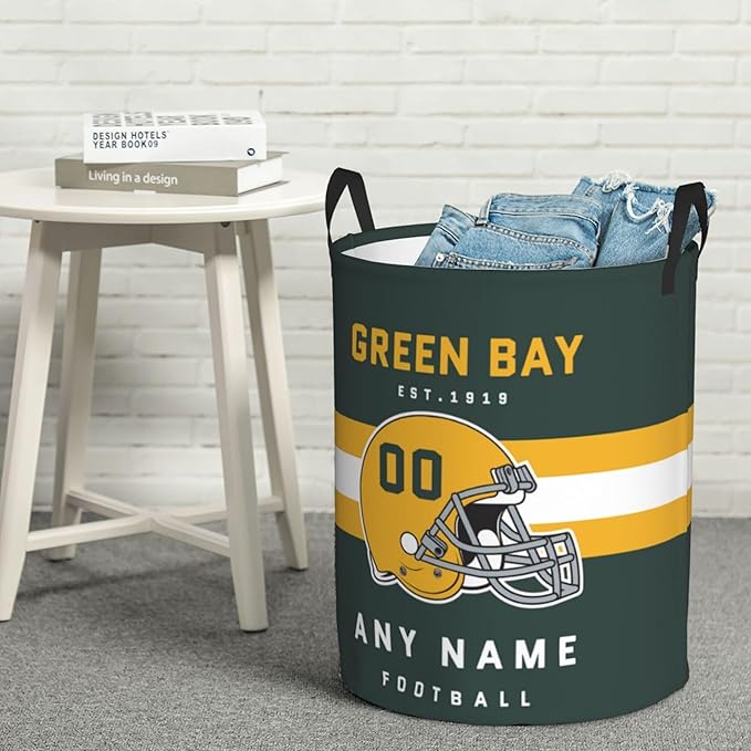 Custom Green Bay Laundry Hamper - Personalized Football Style Laundry Basket - Customized Name And Number - Dirty Clothes Hamper Waterproof Large Capacity Hamper for Bedroom Bathroom Living Room