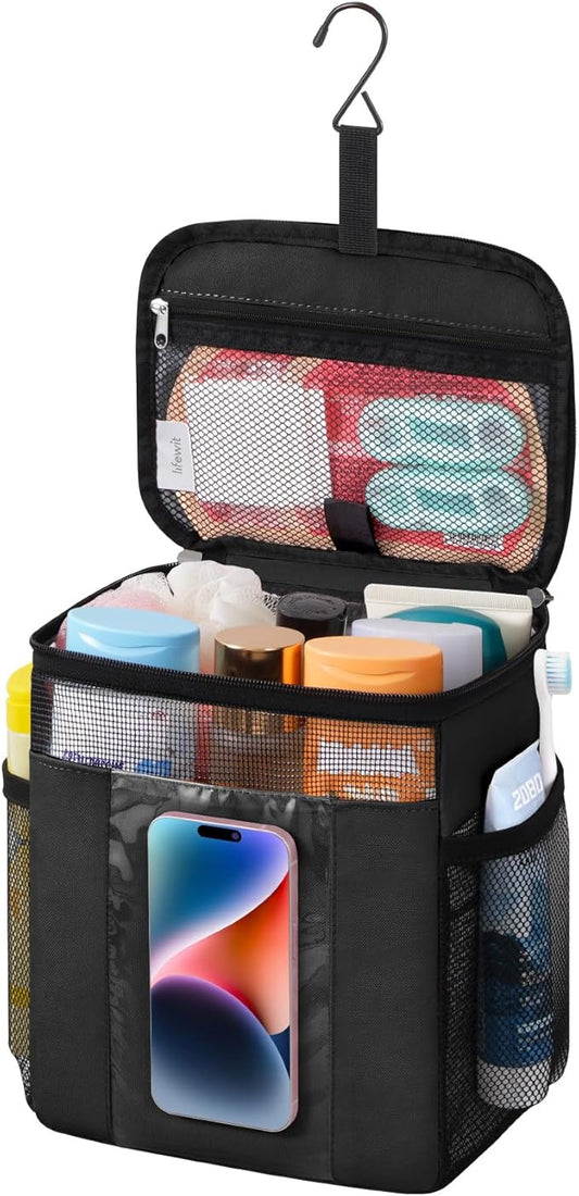 Lifewit Mesh Shower Caddy Bag Portable, Quick Dry Hanging Bathroom Organizer with PVC Phone Bag, College Dorm Room Essentials for Travel, Gym, Camping, Toiletry Tote for Women Men, Medium, Black