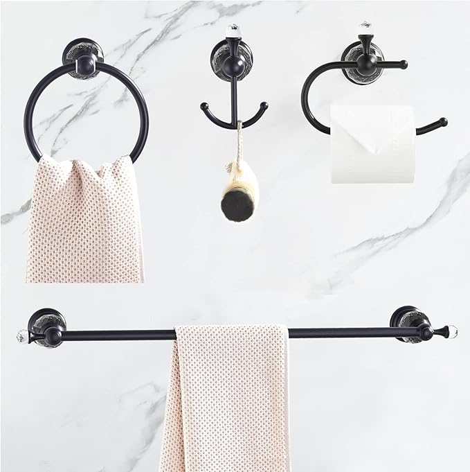 WOLIBEER Crystal Bathroom Hardware, Black 24 Inch Towel Bar Set Toilet Paper Holder Towel Ring Coat Hooks Bathroom Accessories 4 Pieces Wall Mounted