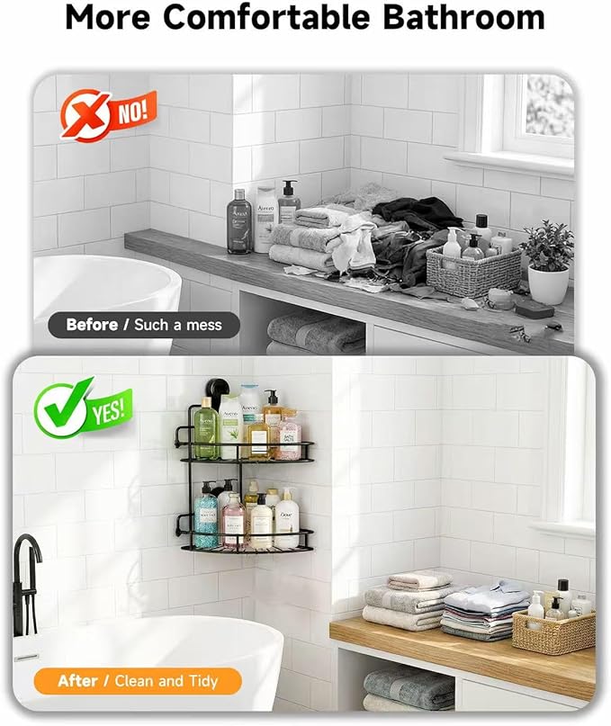 Shower Caddy Suction Cup, 2 Pack Suction Shower Shelf, NO-Drilling Bathroom Holder, Rustproof Bathroom Organizer for 90° Wall Corner, Black