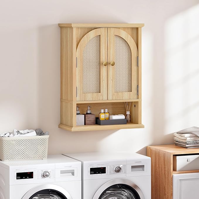 HOOBRO Arched Rattan Wall Cabinet for Bathroom, Over Toilet Storage Cabinet with Doors and Open Shelf, Farmhouse Medicine Cabinet with Adjustable Shelf for Bathroom Kitchen, Natural