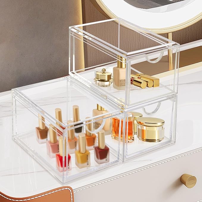 AMEITECH 2 Pack Clear Stackable Storage Drawer, Bathroom Makeup Organizer, Plastic Storage Bins, Acrylic Organization and Storage for Vanity, Kitchen Cabinets, Pantry, Undersink