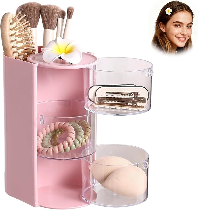 Rotating Makeup Organizer with Brush Holder & Hair Clip, 3-Tier Spinning Cosmetic Storage Case for Women, Large Capacity Toiletry Bag for Travel, Pink