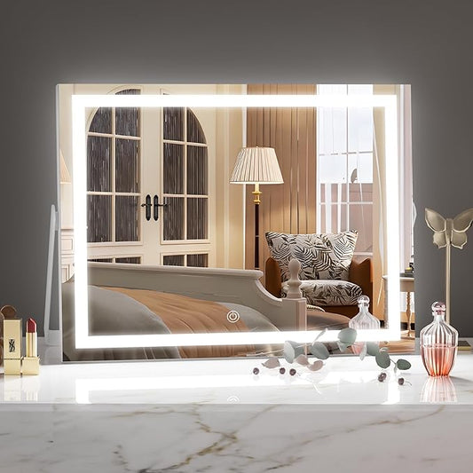 Hasipu Vanity Mirror with Lights, 14" x 11" LED Makeup Mirror, 3 Modes Light, Smart Touch Control Dimmable, 360°Rotation, Rectangle White Frame, with 5X Magnifying Glass