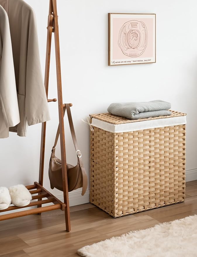 Laundry Hamper with Lid, 90 L Rattan Clothes Laundry Basket with Lid and Handles, Foldable Clothes Hamper, Removable Liner, Goose Yellow