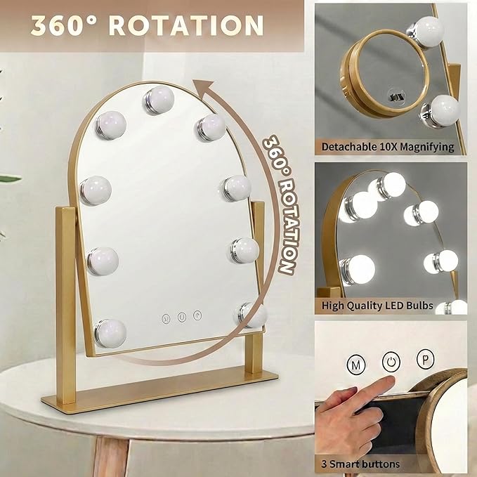 Arched Makeup Vanity Mirror with Lights LED Makeup Mirror Detachable 10X Magnification, Hollywood Make Up Mirror with Lighting, Smart Touch, Rechargeable,360° Rotation, Gold 14.17"x 11.81"