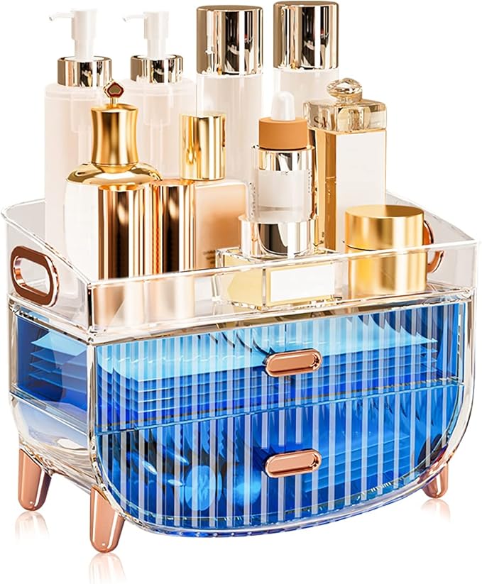 Ergocar Portable Transparent PET Series Multi-Function Make Up Case Dustproof Cosmetic Storage Box, Cosmetics Skin Care Products Jewelry Organizer Case Lipstick Box - Blue Two Layers