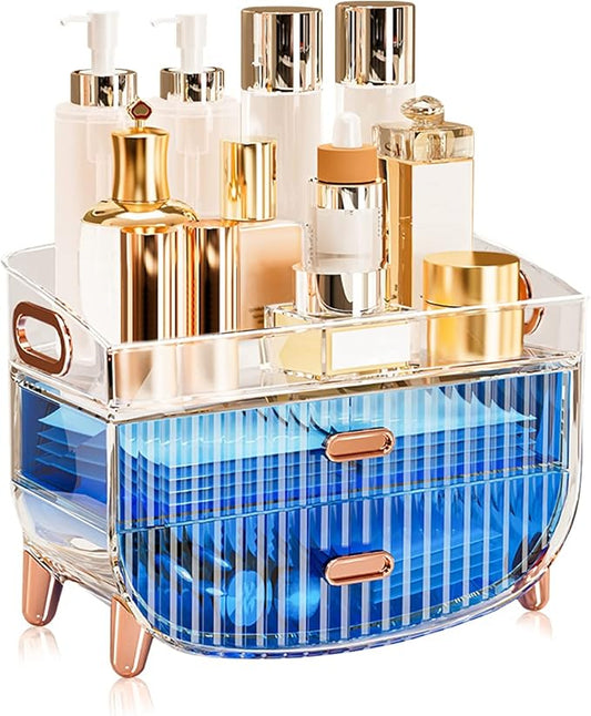Ergocar Portable Transparent PET Series Multi-Function Make Up Case Dustproof Cosmetic Storage Box, Cosmetics Skin Care Products Jewelry Organizer Case Lipstick Box - Blue Two Layers