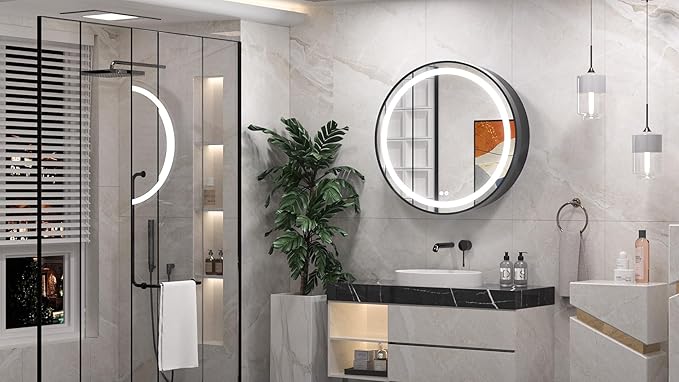 Keonjinn 28 Inch Round Lighted Medicine Cabinet, Black LED Medicine Cabinet Mirror, Circle, Electrical Outlet, 3 Color Lights, Anti-Fog, Dimmable, Surface Mount Only
