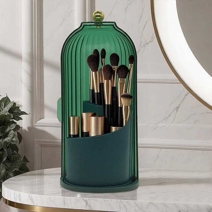 Makeup Brush Holder with Lid Cosmetic Tools Organizer 360 Rotating Waterproof Dustproof Make Up Brushes Storage for Vanity Bathroom Countertop