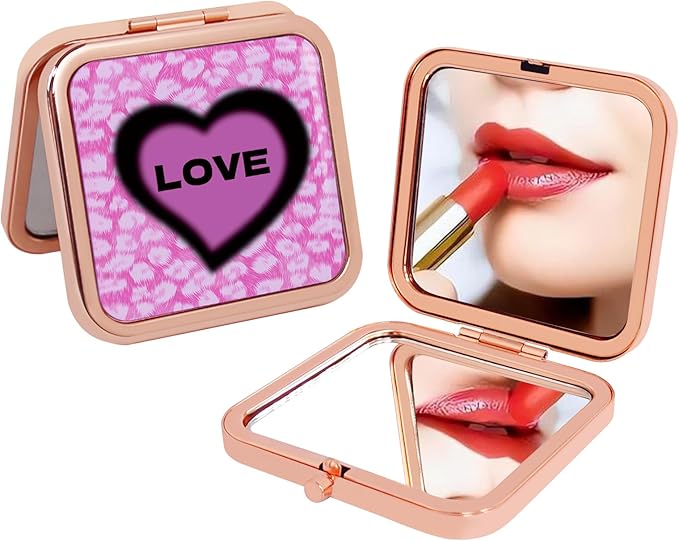 Pocket Mirror Mini Travel Makeup Purse Compact Accessories Beauty Magnifying Double Sides Mirror Portable Handheld Folding for Women Girls Rose Gold Pink Heart
