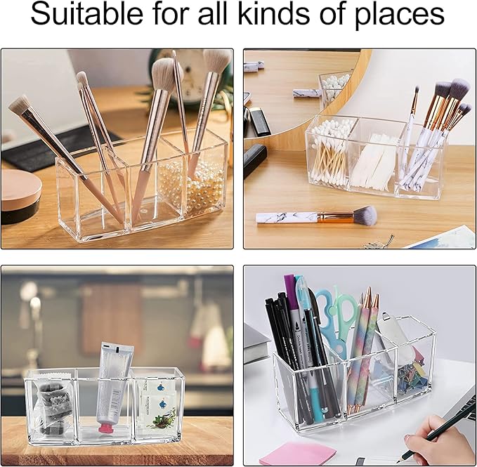 Clear Makeup Brush Organizer 3 Slot Cosmetic Brushes Storage Acrylic Makeup Display Holder For Brushes Eyeliner Lipstick Eyebrow Pencil