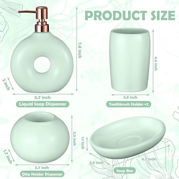 FoldTier 5 Pcs Ceramic Bathroom Accessories Set Includes Soap Dispenser Toothbrush Cup Holder Soapbox Holder Stylish Modern Bathroom Matte Glaze Decor(Green)