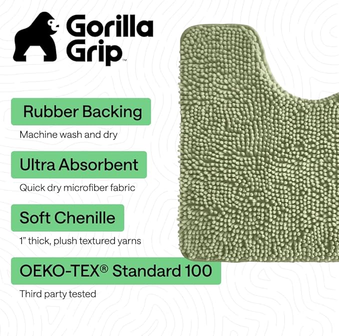GORILLA GRIP Plush Absorbent Shaggy Chenille Bath Rug Mat for Oval Toilet Base with Rubber Backing, Machine Washable Rugs, Soft Microfiber Contour Mats for Toilets, Quick Dry, Bathroom Decor, Sage