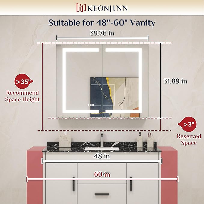 Keonjinn 40 x 32 Inch Medicine Cabinet with Lights with Defogger and Outlet, LED Medicine Cabinet with Mirror 3 Colors Dimmable, Tempered Glass Frontlit Mirror with Storage for Modern Decor