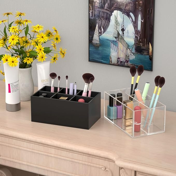 HIIMIEI Black Makeup Brush Holder Organizer Acrylic 6-Slots Cosmetic Brushes Storage Organizer for Vanity Countertop