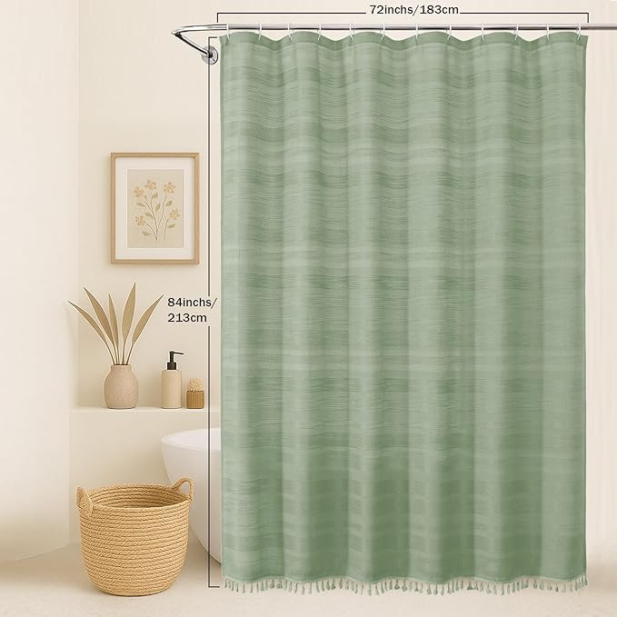 OVZME Extra Long Boho Shower Curtain 84 Inch Long, Modern Farmhouse Heavy Duty Linen Textured Soft Fabric, Rustic Country Cloth Shower Curtain with Tassel for Bathroom Hotel, 72Wx84L, Light Green