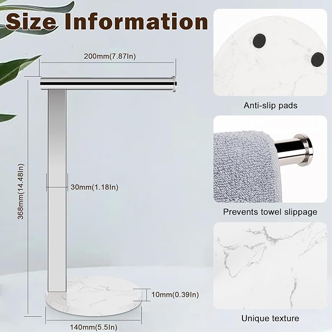 Hand Towel Holder Stand for Bathroom, L- Shaped Standing Hand Towel Rack, Towel Bar Kitchen Vanity Countertop Organizer, SUS304 Stainless Steel Material (Marble Base, Chrome)