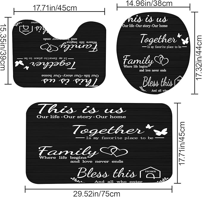 juwute 4Pcs Family Shower Curtain Sets with Non-Slip Rugs, Toilet Lid Cover and Bath Mat, Black Home Bathroom Decor Set Accessories Waterproof Shower Curtains with 12 Hooks, 72 x 72 Inch