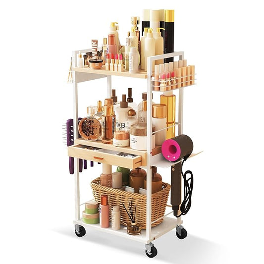 Makeup Organizer Cart with Wooden Drawer, 2-in-1 Floor Skincare Organizers with Jewelry Storage, 16.5'' L x 11.8'' W x 34.2'' H Large Make Up Organizers Vanity Organizer for Skin Care Hair Tool