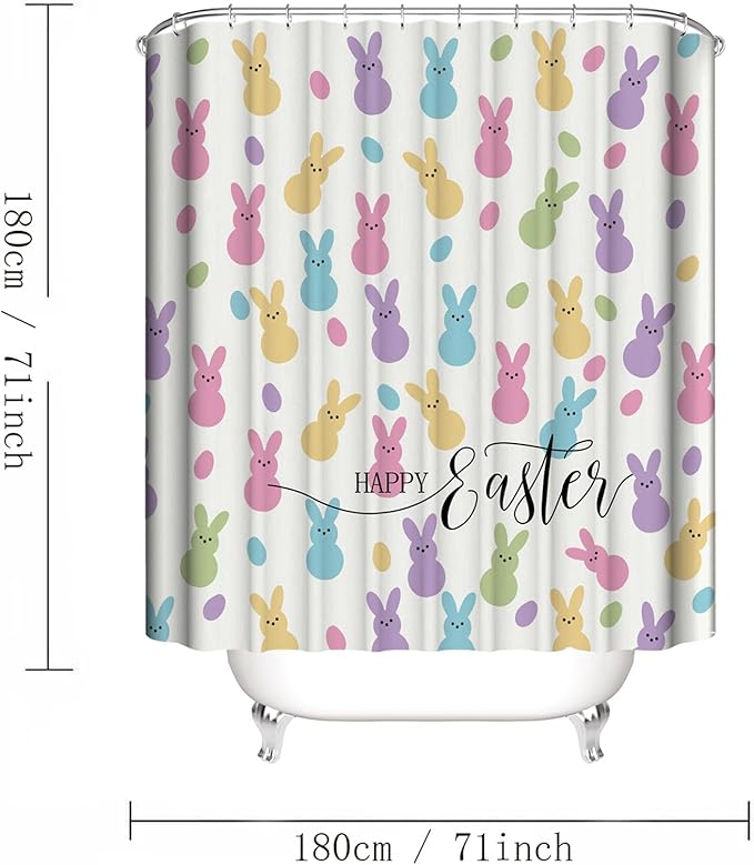 4 Pcs Easter Bunny Shower Curtain Sets with Non-Slip Rugs, Toilet Lid Cover and Non-Slip U Shape Bath Mat, Easter Bathroom Decor with 12 Hooks 71 x 71 Inches (Style A)