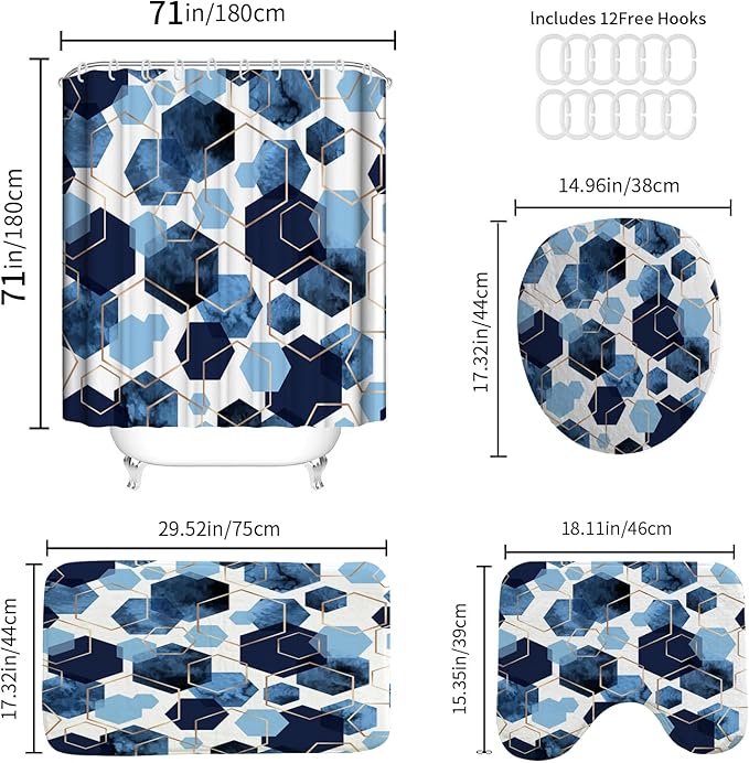 Muuyi 4Pcs Navy Blue Geometric Shower Curtain Set, Neutral Modern Art Deco Shower Curtain with Hooks, Elegant Trendy Simple Bathroom Sets with Shower Curtain and Rugs, 71 * 71in