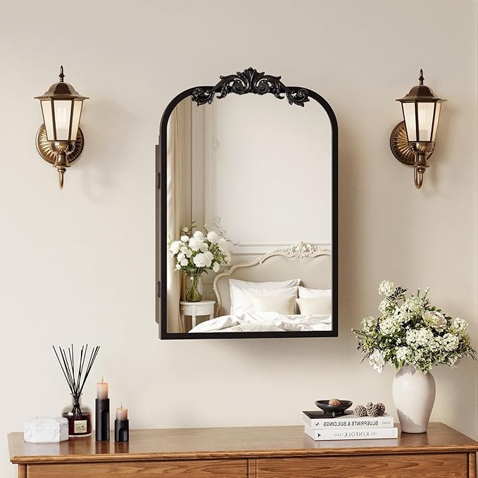 16x24 Inch Bathroom Medicine Cabinet with Mirror, Recessed or Surface Mount, Sturdy, Durable & Easy Installation, Vintage Metal Frame(Black)