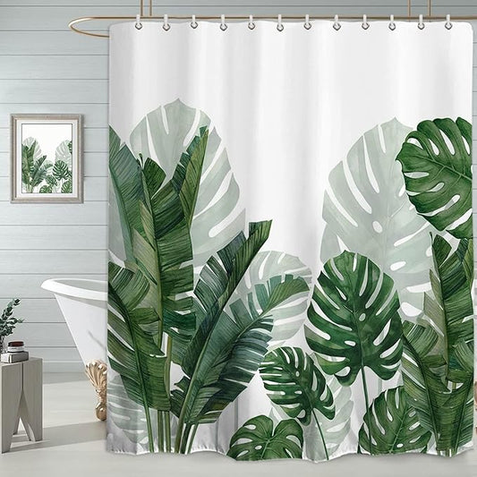 Baccessor Extra Long Tropical Green Leaf Shower Curtain Waterproof Washable Fabric Summer Botanical Banana Monstera Leaf Palm Tree Bathroom Shower Curtain with Hooks Weighted 72 W x 84 L Inch
