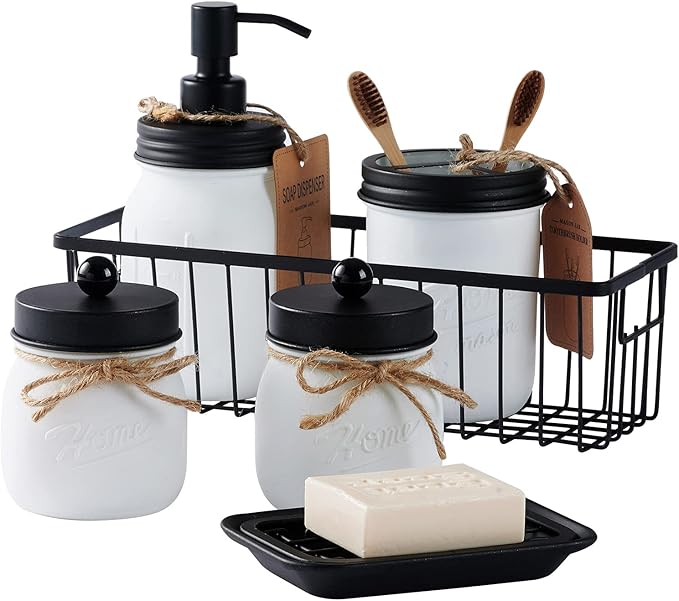 SheeChung 6Pcs Mason Jars Bathroom Accessories Set - Toothbrush Holder, Soap Dispenser, Qtip Holders, Soap Dish, Wire Paper Storage, Farmhouse Bathroom Decor (Rustic White, 6Pcs Bathroom Set)