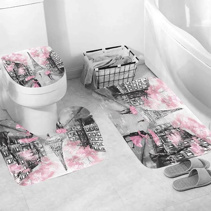 Chrainy 4Pcs Paris Eiffel Tower Pink Shower Curtain Sets Bathroom Set Decor with Non-Slip Rugs Bath U-Shaped Mat Toilet Lid Cover Waterproof Valentine Bathroom Curtains Shower Set with 12 Hooks