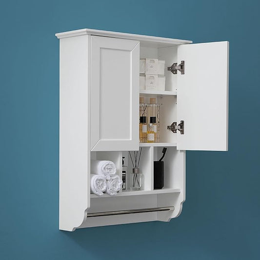 White Bathroom Wall Cabinet with Towel Bar,Wooden Medicine Cabinet Adjustable Shelves,23x32 Inch Kitchen Cabinet,Over Toilet Storage Cabinet for Bathroom,Kitchen,Laundry
