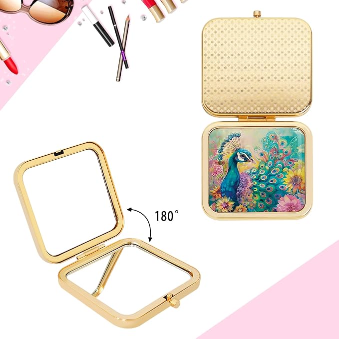 Mini Folding Mirror Square Compact, 2.8 in Small Portable Travel Makeup Mirror for Purse, Women Girls Travel Daily Use Gold Peacock
