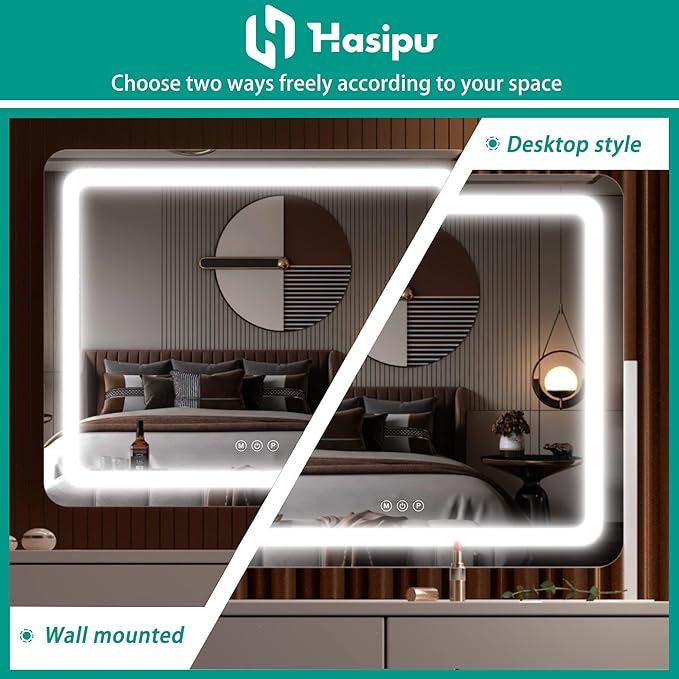 Hasipu Vanity Mirror with Lights, 24.2" x 20" LED Make up Mirror, Light up Mirror with 10X Magnification, Smart Touch 3 Colors Dimmable, Brightness Adjustment, 360° Rotation (White)