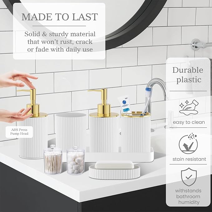 White and Gold Bathroom Accessories Set - Bathroom Sets, 25PC Bath Accessory Set, Bathroom Sets with Push Top Trash Can, Shower Curtain and Rugs, Toilet Brush, Trash Can & Soap Dispenser