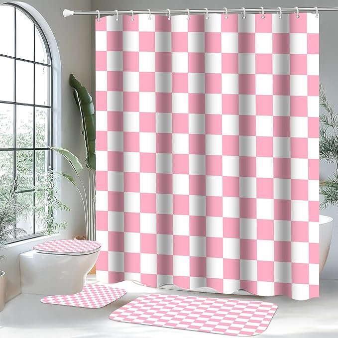 4 PCS Checkered Shower Curtain Sets Fun Gingham Bathroom Sets Soft Non Slip Bath Rugs Toilet Cover U-Shaped Mat Retro Bright Waterproof Shower Curtains with 12 Hooks for Tub Toilet, Pink
