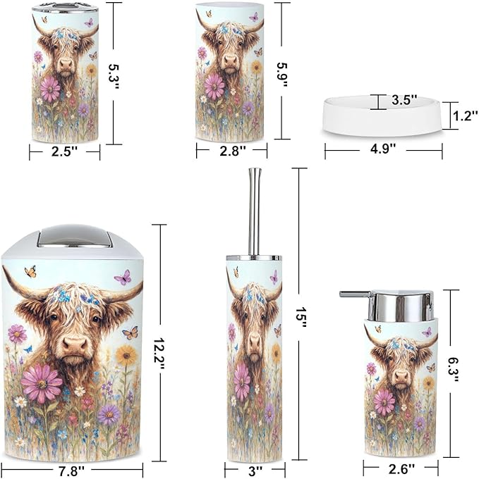 6 Piece Bathroom Accessories Set Highland Cow Rustic Farmhouse Animal Nature Flower Landscape Abstract Trash can Toilet Brush Holder Toothbrush Holder Toothbrush Cup Soap Dispenser Soap Dish Boho